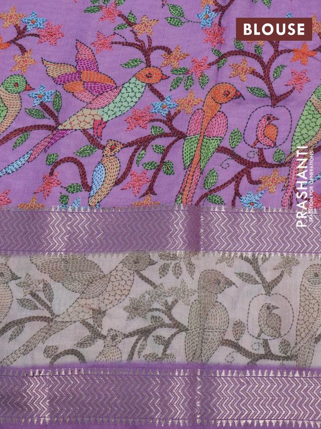 Muslin silk saree lavender shade and cream with allover prints and rettapet zari woven printed border