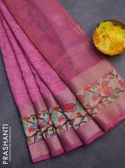 Muslin silk saree pink and cream with allover prints and rettapet zari woven printed border