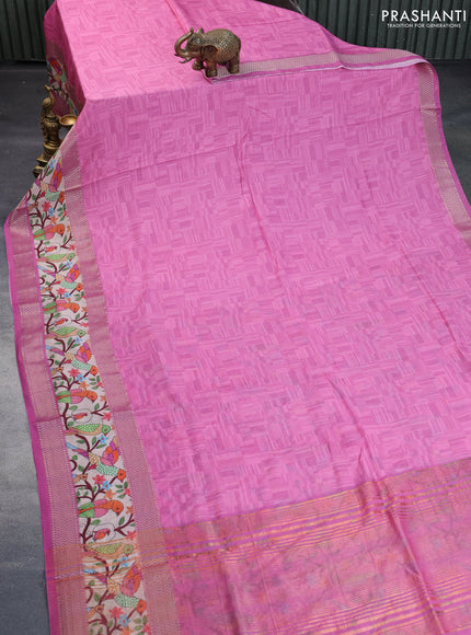 Muslin silk saree pink and cream with allover prints and rettapet zari woven printed border