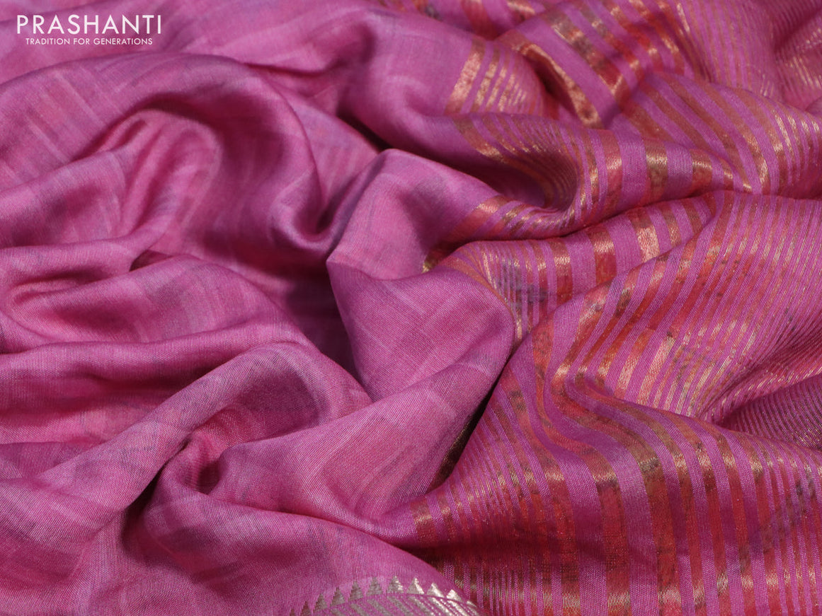 Muslin silk saree pink and cream with allover prints and rettapet zari woven printed border