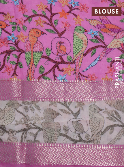 Muslin silk saree pink and cream with allover prints and rettapet zari woven printed border