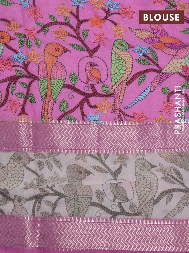 Muslin silk saree pink and cream with allover prints and rettapet zari woven printed border