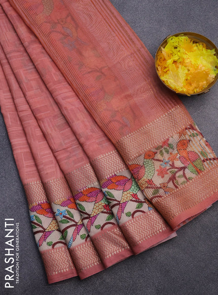 Muslin silk saree peach pink and cream with allover prints and rettapet zari woven printed border