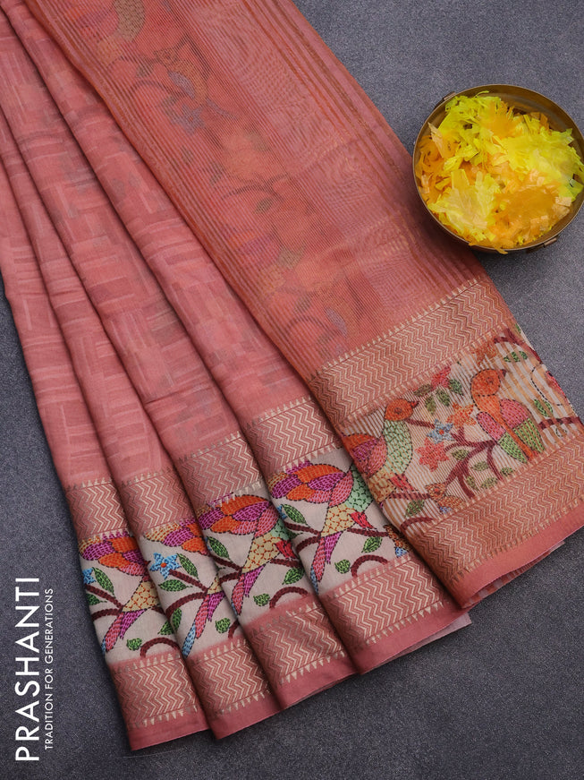 Muslin silk saree peach pink and cream with allover prints and rettapet zari woven printed border