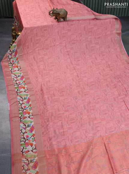 Muslin silk saree peach pink and cream with allover prints and rettapet zari woven printed border