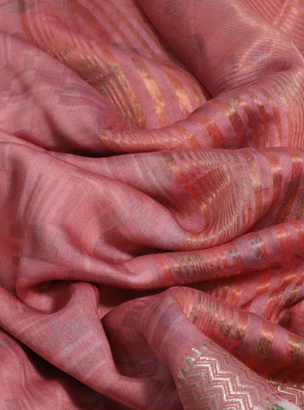 Muslin silk saree peach pink and cream with allover prints and rettapet zari woven printed border