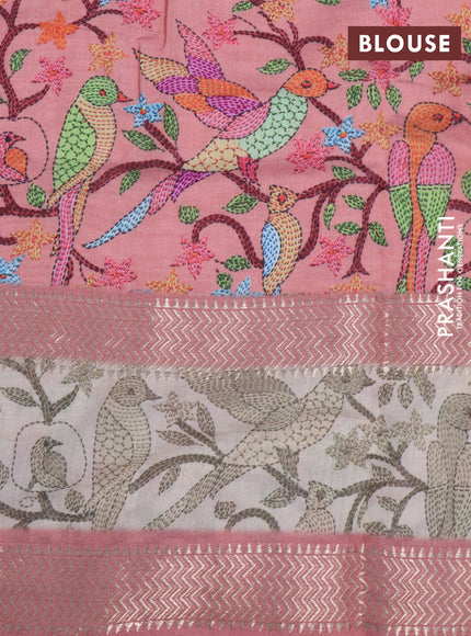 Muslin silk saree peach pink and cream with allover prints and rettapet zari woven printed border