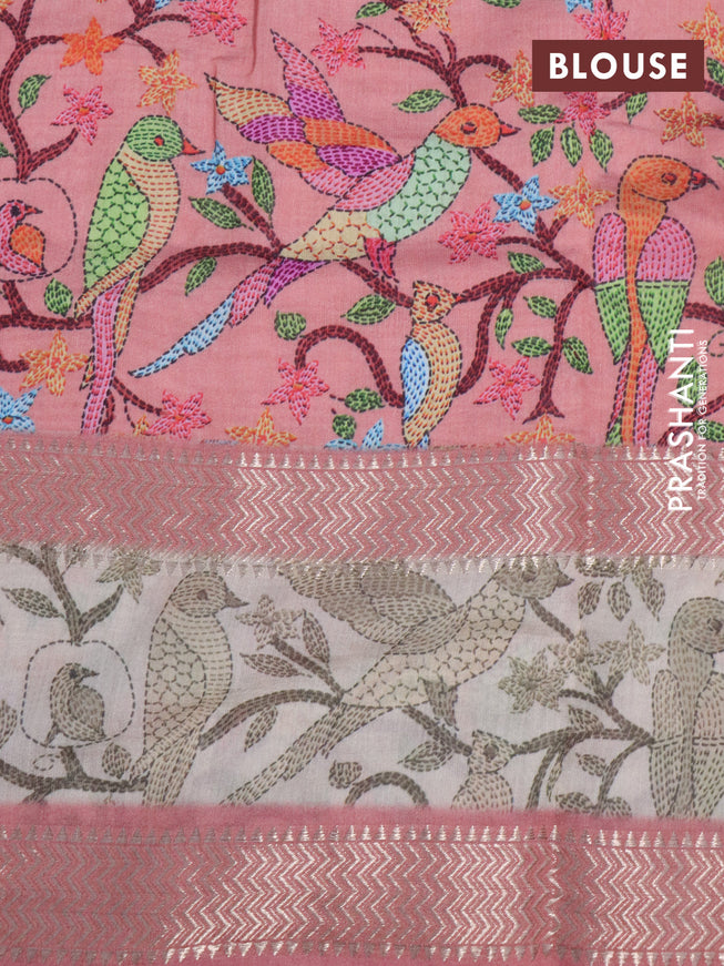 Muslin silk saree peach pink and cream with allover prints and rettapet zari woven printed border