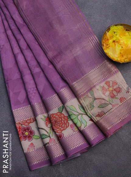 Muslin silk saree purple and cream with allover geometric prints and rettapet zari woven floral printed border