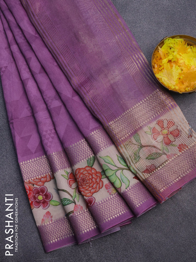 Muslin silk saree purple and cream with allover geometric prints and rettapet zari woven floral printed border