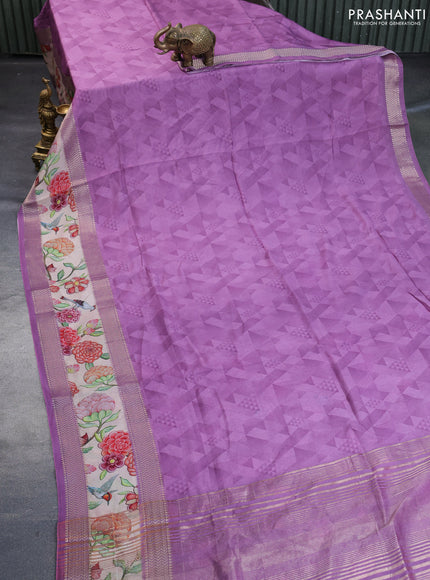 Muslin silk saree purple and cream with allover geometric prints and rettapet zari woven floral printed border