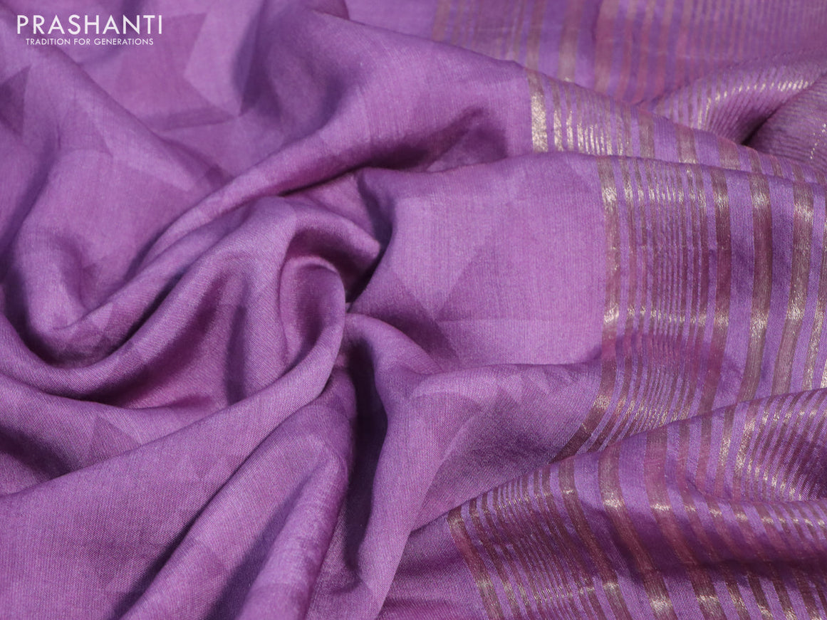 Muslin silk saree purple and cream with allover geometric prints and rettapet zari woven floral printed border