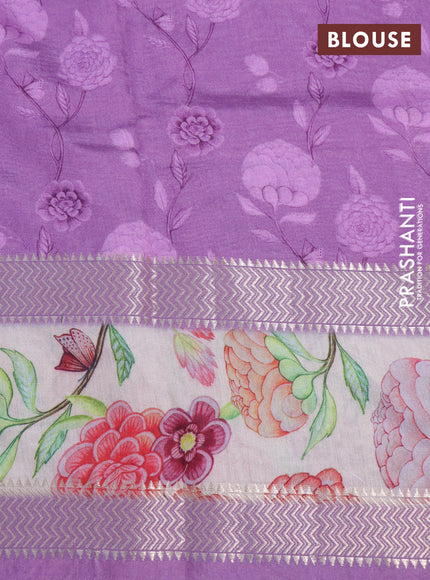 Muslin silk saree purple and cream with allover geometric prints and rettapet zari woven floral printed border