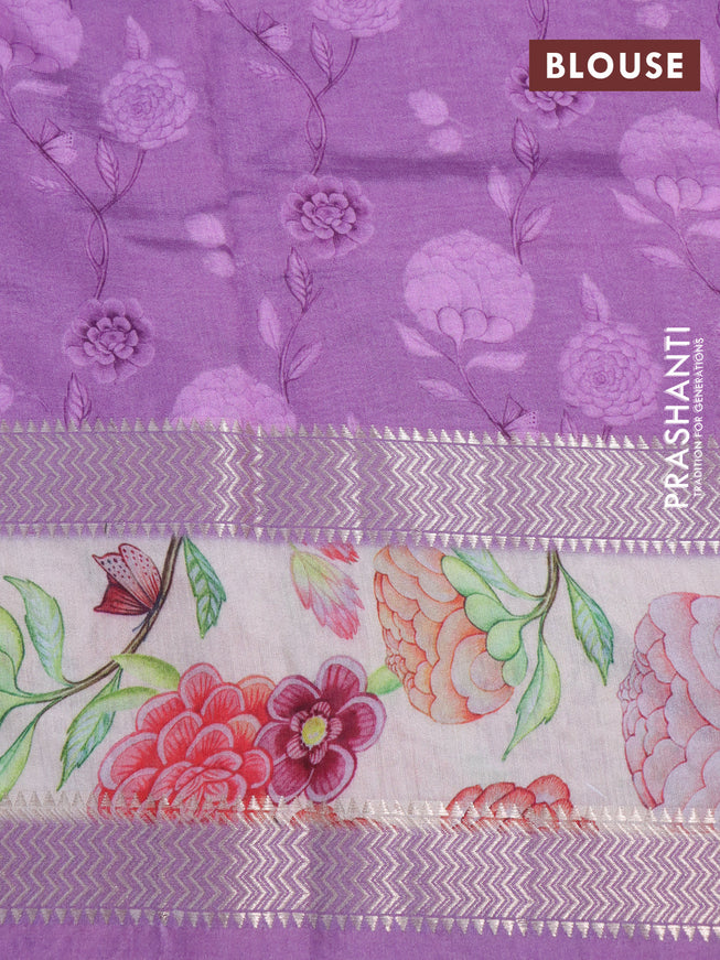 Muslin silk saree purple and cream with allover geometric prints and rettapet zari woven floral printed border