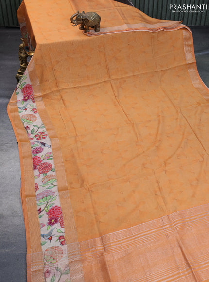 Muslin silk saree orange and cream with allover geometric prints and rettapet zari woven floral printed border