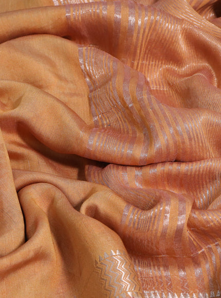 Muslin silk saree orange and cream with allover geometric prints and rettapet zari woven floral printed border