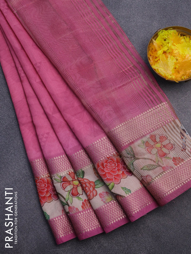 Muslin silk saree pink and cream with allover geometric prints and rettapet zari woven floral printed border