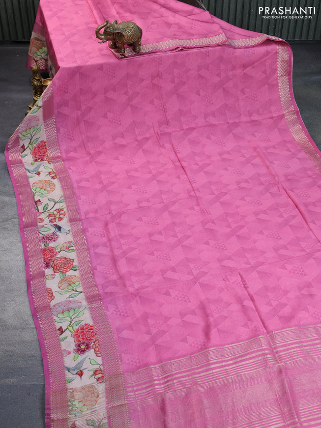 Muslin silk saree pink and cream with allover geometric prints and rettapet zari woven floral printed border