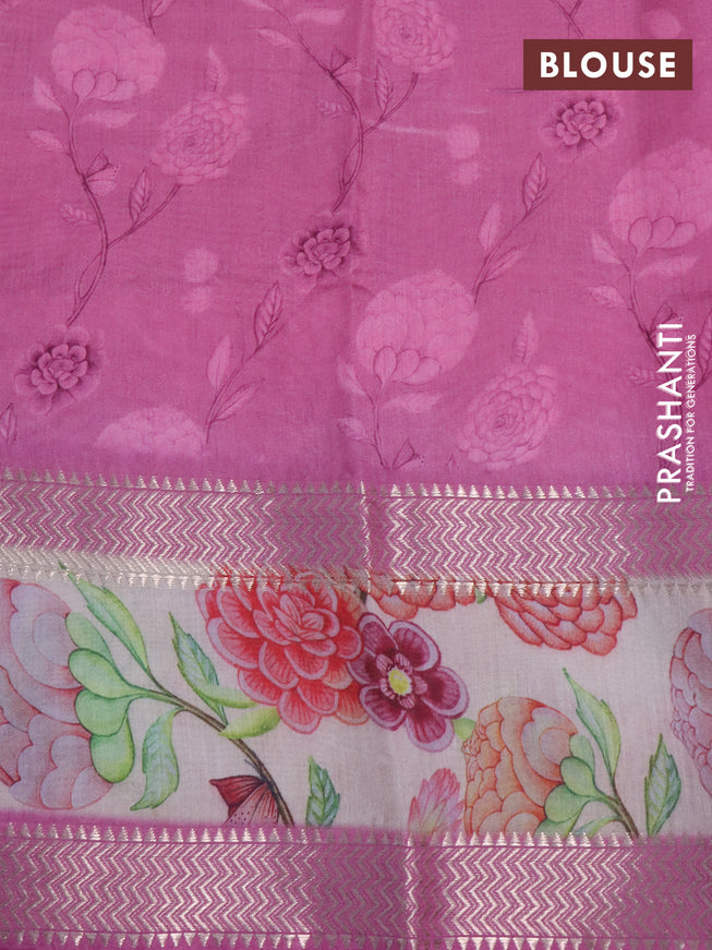 Muslin silk saree pink and cream with allover geometric prints and rettapet zari woven floral printed border