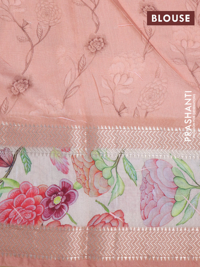 Muslin silk saree peach orange and cream with allover geometric prints and rettapet zari woven floral printed border