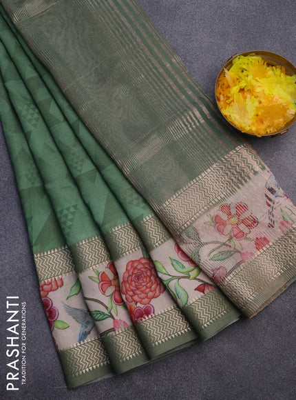 Muslin silk saree green shade and cream with allover geometric prints and rettapet zari woven floral printed border