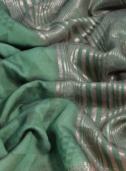 Muslin silk saree green shade and cream with allover geometric prints and rettapet zari woven floral printed border