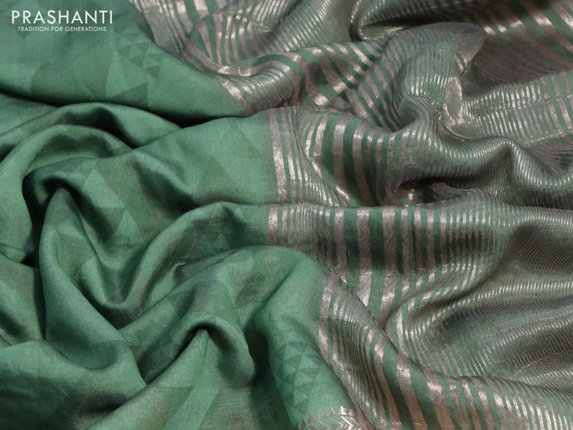 Muslin silk saree green shade and cream with allover geometric prints and rettapet zari woven floral printed border