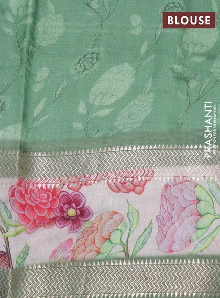 Muslin silk saree green shade and cream with allover geometric prints and rettapet zari woven floral printed border