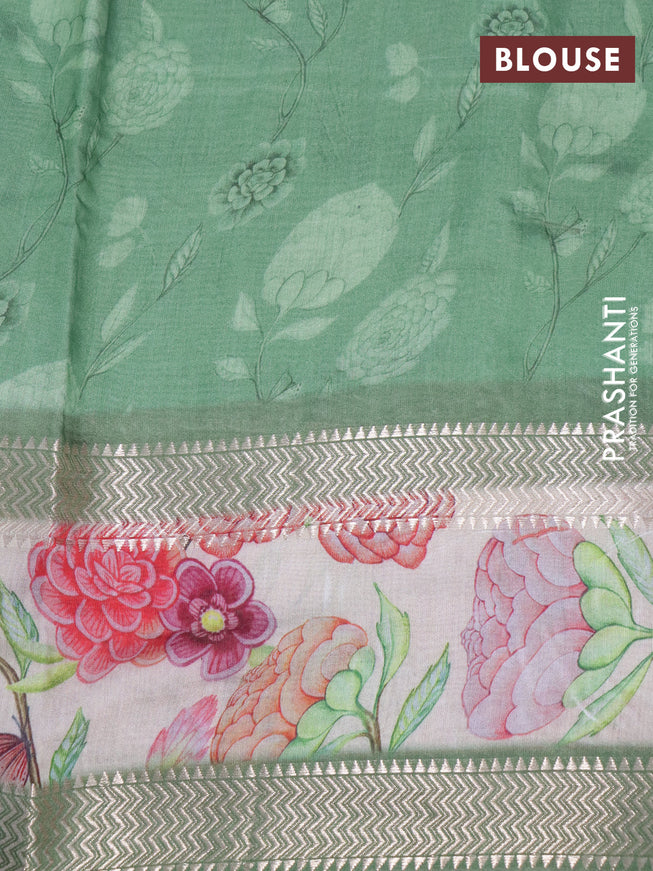 Muslin silk saree green shade and cream with allover geometric prints and rettapet zari woven floral printed border