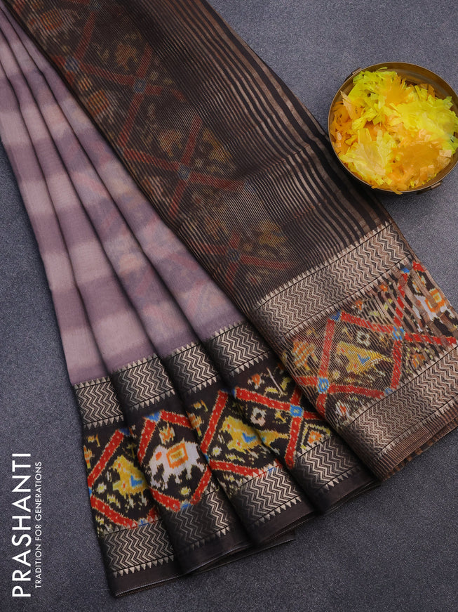 Muslin silk saree rosy brown and brown with allover stripes pattern and rettapet zari woven ikat style border