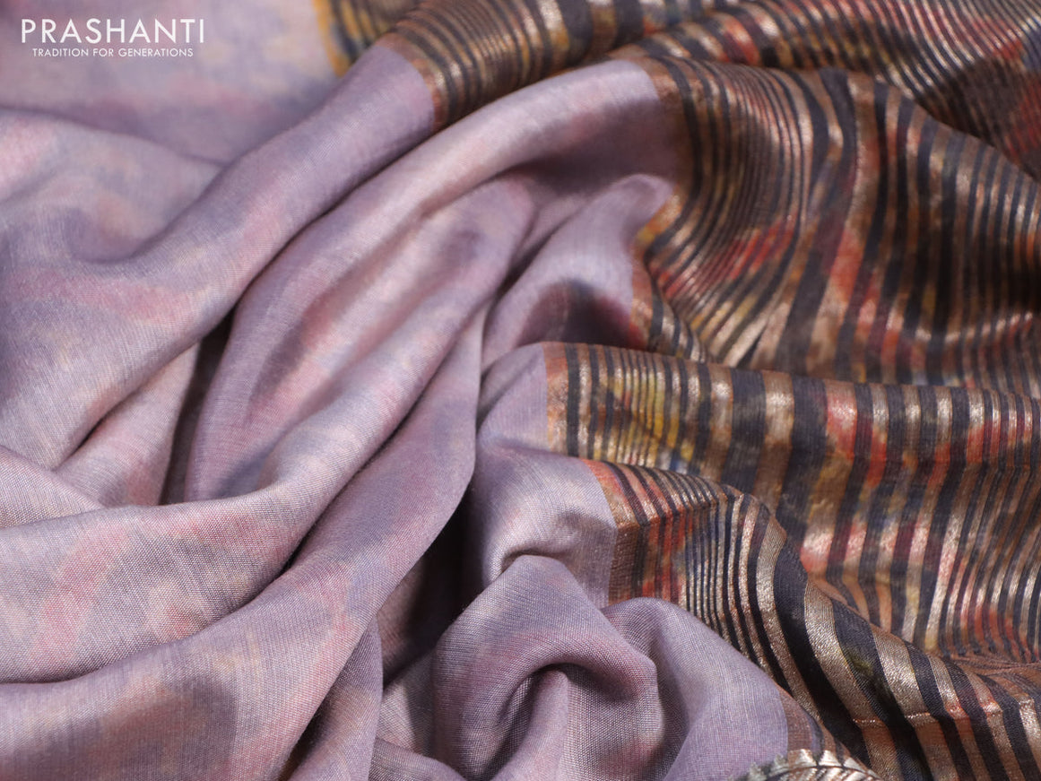 Muslin silk saree rosy brown and brown with allover stripes pattern and rettapet zari woven ikat style border