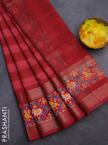 Muslin silk saree red with allover stripes pattern and rettapet zari woven ikat style border