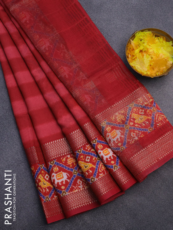 Muslin silk saree red with allover stripes pattern and rettapet zari woven ikat style border