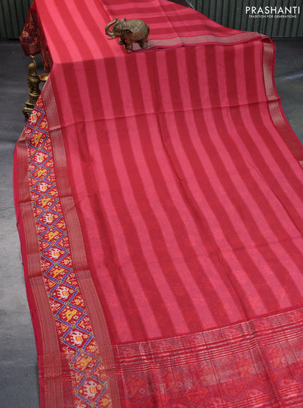 Muslin silk saree red with allover stripes pattern and rettapet zari woven ikat style border