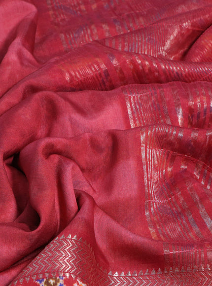 Muslin silk saree red with allover stripes pattern and rettapet zari woven ikat style border