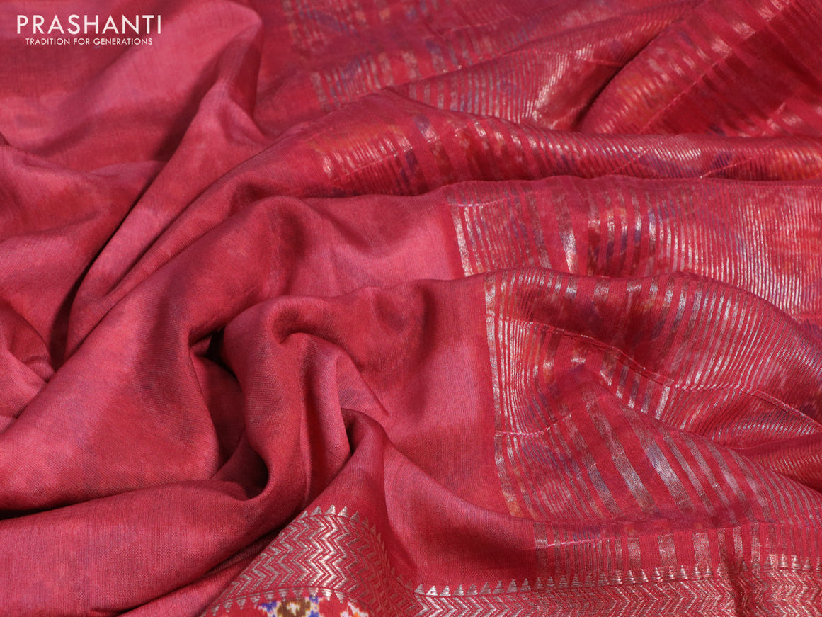 Muslin silk saree red with allover stripes pattern and rettapet zari woven ikat style border