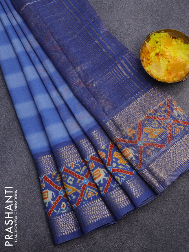 Muslin silk saree blue shade with allover stripes pattern and rettapet zari woven ikat style border