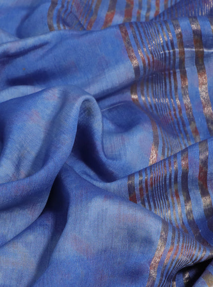 Muslin silk saree blue shade with allover stripes pattern and rettapet zari woven ikat style border