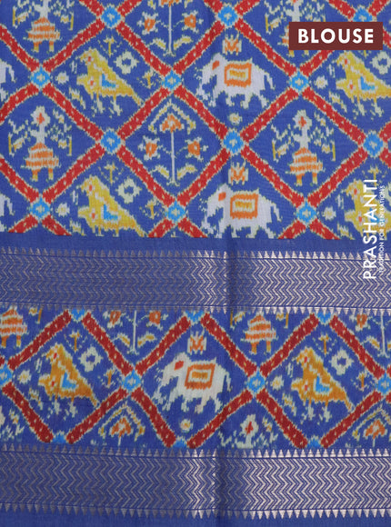 Muslin silk saree blue shade with allover stripes pattern and rettapet zari woven ikat style border