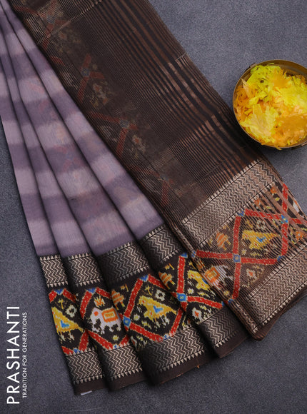 Muslin silk saree grey shade and brown with allover stripes pattern and rettapet zari woven ikat style border