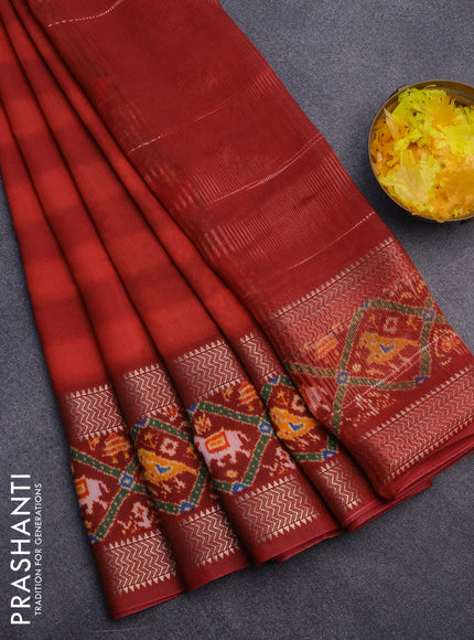 Muslin silk saree red with allover stripes pattern and rettapet zari woven ikat style border