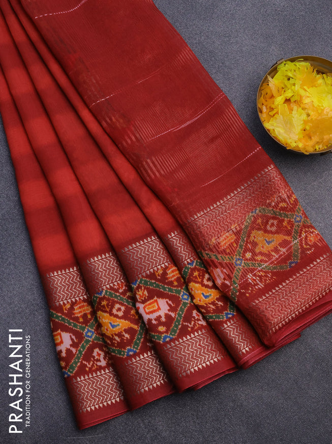 Muslin silk saree red with allover stripes pattern and rettapet zari woven ikat style border