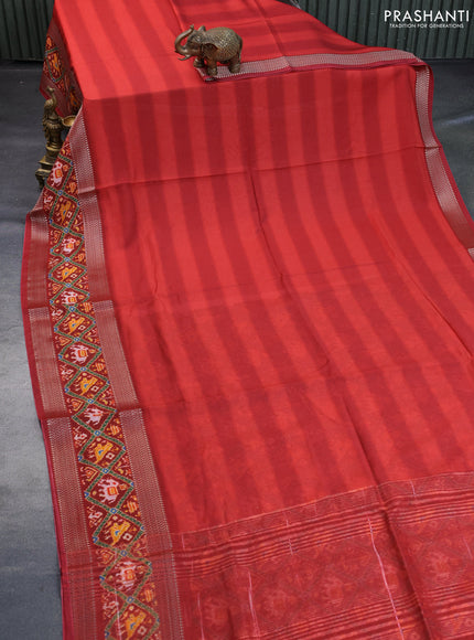 Muslin silk saree red with allover stripes pattern and rettapet zari woven ikat style border