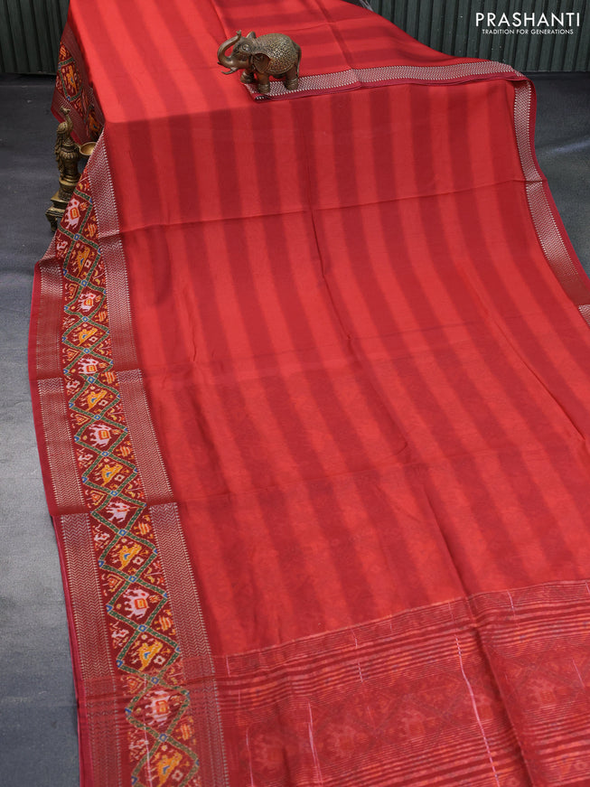 Muslin silk saree red with allover stripes pattern and rettapet zari woven ikat style border