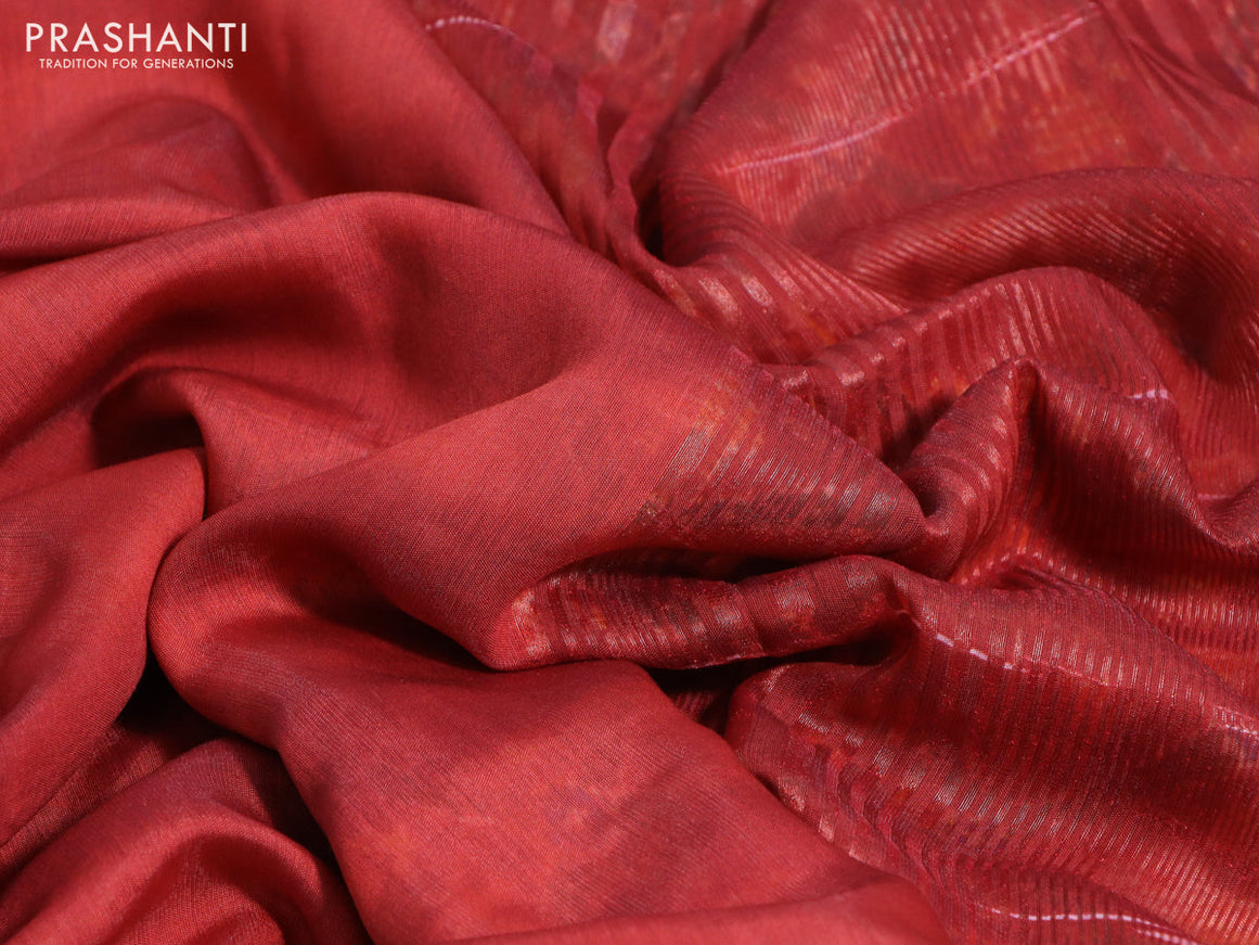 Muslin silk saree red with allover stripes pattern and rettapet zari woven ikat style border