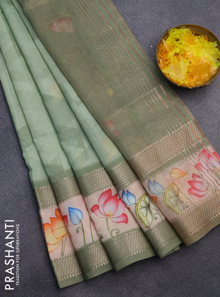 Muslin silk saree pastel green and sandal with allover geometric prints and rettapet zari woven floral printed border