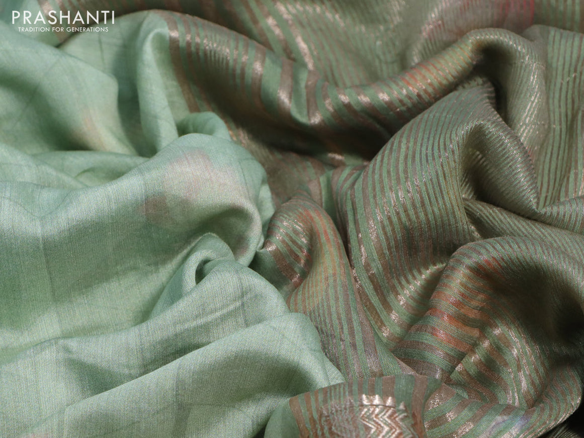 Muslin silk saree pastel green and sandal with allover geometric prints and rettapet zari woven floral printed border