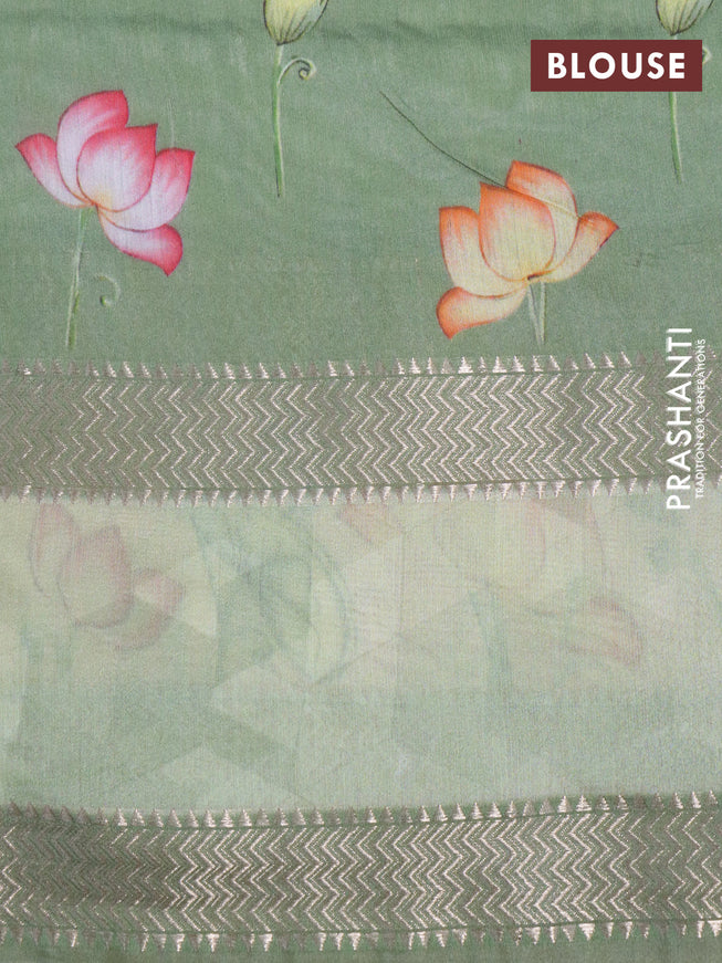 Muslin silk saree pastel green and sandal with allover geometric prints and rettapet zari woven floral printed border