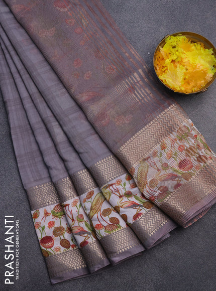 Muslin silk saree grey and off white with checked pattern and rettapet zari woven printed border