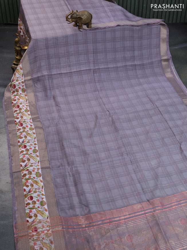 Muslin silk saree grey and off white with checked pattern and rettapet zari woven printed border